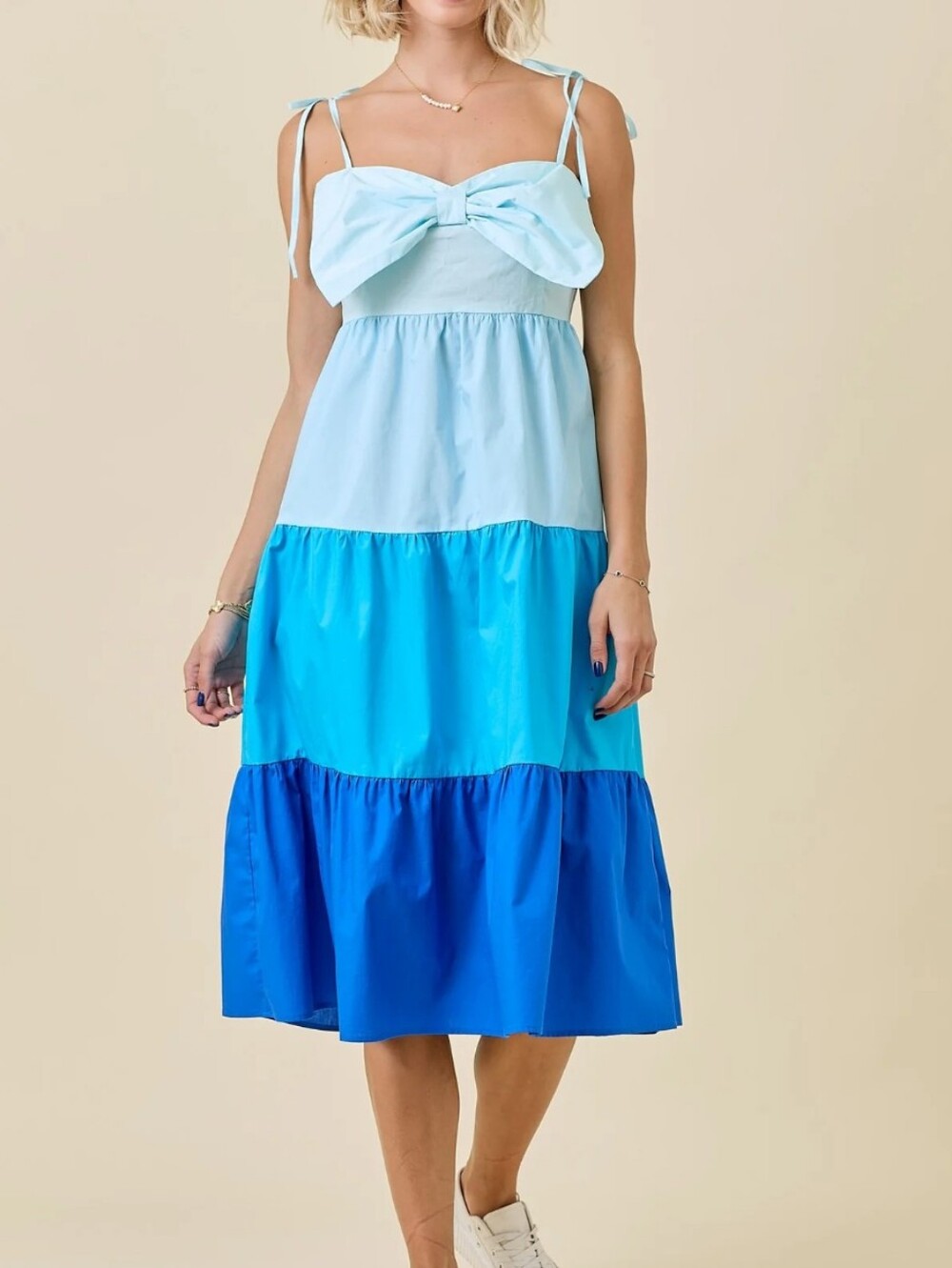 NWT Day & Moon Poplin Tiered Bow Midi Dress, Blue, Medium